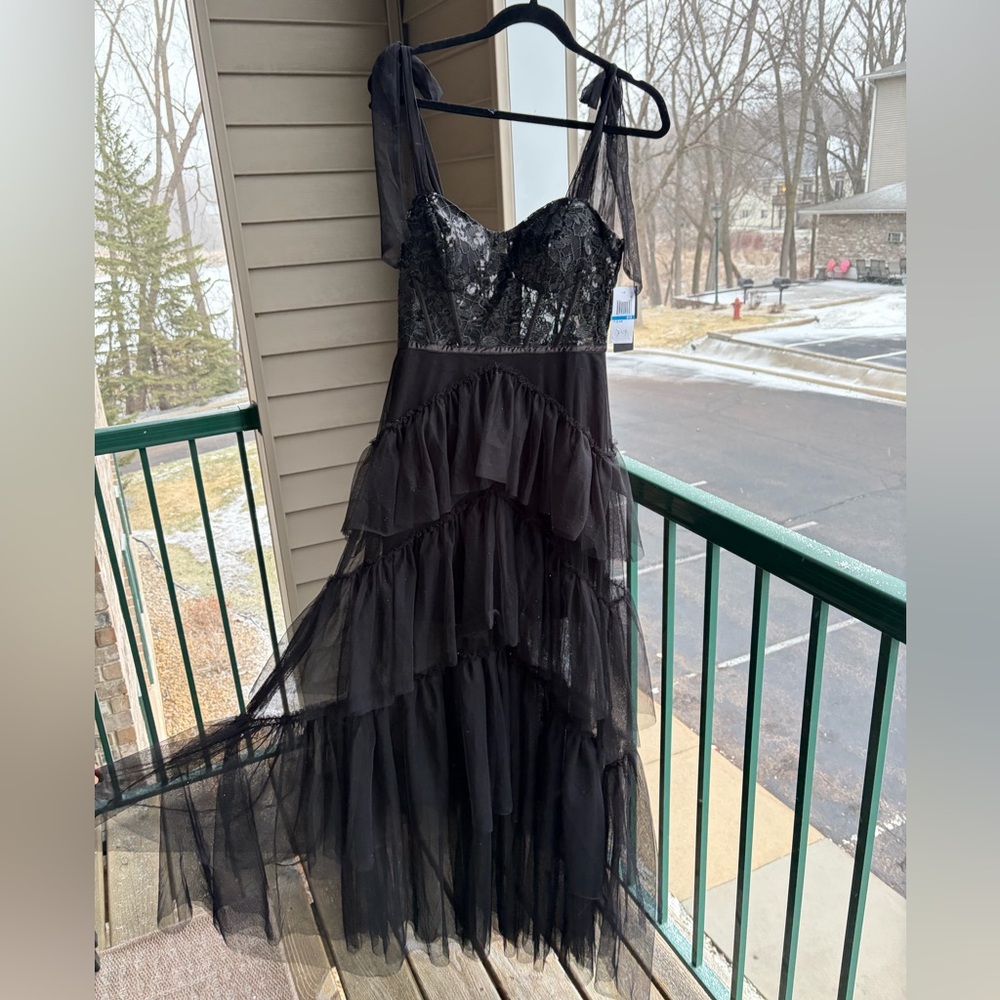 🆕🖤 City Studio Black Lace Corset Tulle Maxi Dress Prom Ruffle Tiered Size 9/10 - Picture 5 of 17